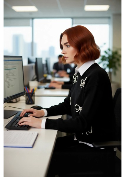 Kadın Modern Incili Fiyonk Işlemeli Triko Kazak Regular Kalıp Bisiklet Yaka Günlük Şık Giyim