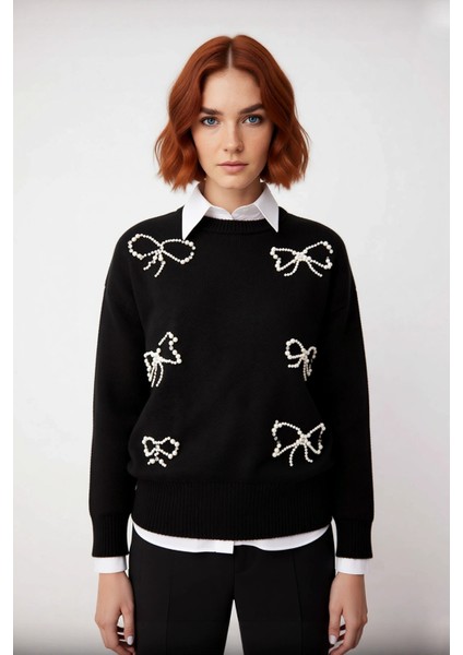 Kadın Modern Incili Fiyonk Işlemeli Triko Kazak Regular Kalıp Bisiklet Yaka Günlük Şık Giyim fiyatları