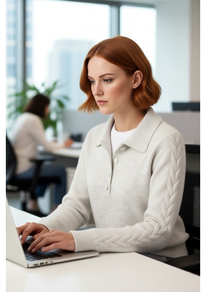 Kadın Modern ve Rahat Polo Yaka Saç Örgü Detaylı Regular Triko Kışlık Standart Kol Kazak Kaliteli