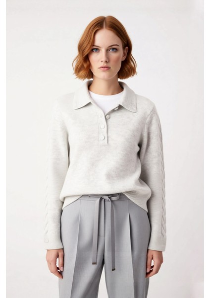 Kadın Modern ve Rahat Polo Yaka Saç Örgü Detaylı Regular Triko Kışlık Standart Kol Kazak Kaliteli fiyatları