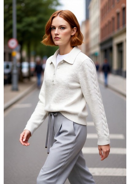 Kadın Modern ve Rahat Polo Yaka Saç Örgü Detaylı Regular Triko Kışlık Standart Kol Kazak Kaliteli fırsatları