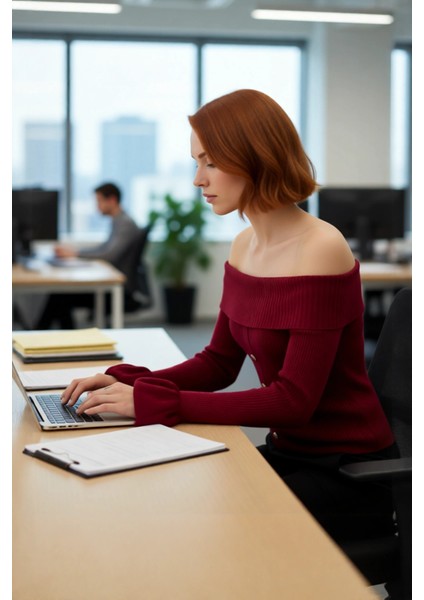 Kadın Bordo Akrilik Triko Kazak Fitted Kalıp Carmen Yaka Uzun Kollu Fitilli Şık Mevsimlik Kaliteli