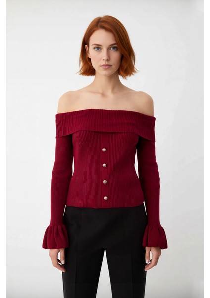 Kadın Bordo Akrilik Triko Kazak Fitted Kalıp Carmen Yaka Uzun Kollu Fitilli Şık Mevsimlik Kaliteli fiyatları