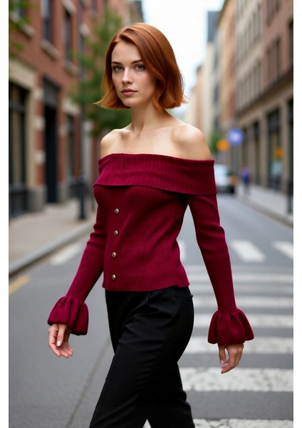 Kadın Bordo Akrilik Triko Kazak Fitted Kalıp Carmen Yaka Uzun Kollu Fitilli Şık Mevsimlik Kaliteli fırsatları