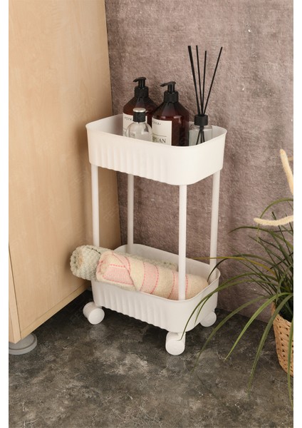 2 Katlı Tekerlekli Çok Amaçlı Banyo Düzenleyici Dolap Içi Organizer - Beyaz