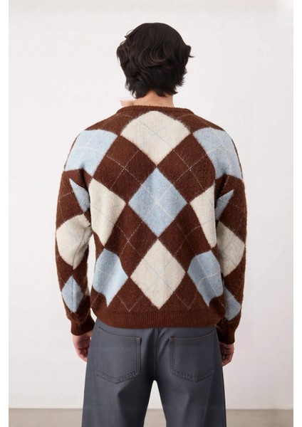 Erkek Günlük Kullanım Için Bisiklet Yaka Triko Ekose Desenli Regular Kesim Kışlık Kazak Ideal Konfor modelleri