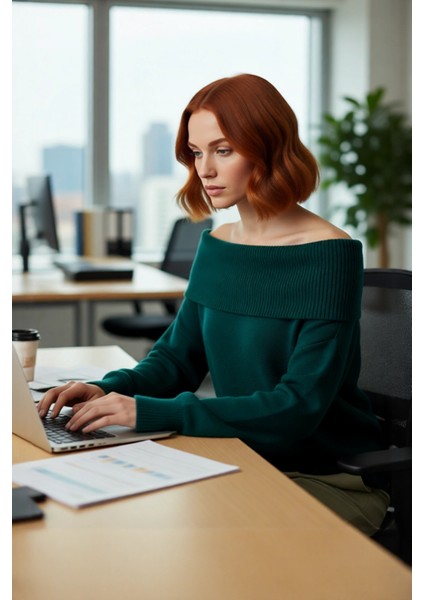 Kadın Triko Kışlık Kazak Regular Kalıp Uzun Kollu Carmen Yaka Günlük ve Şık Kombinler Için