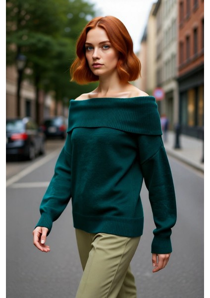 Kadın Triko Kışlık Kazak Regular Kalıp Uzun Kollu Carmen Yaka Günlük ve Şık Kombinler Için fırsatları