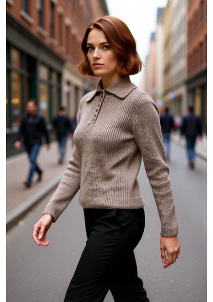 Kadın Regular Kalıp Uzun Kollu Polo Yaka Düğmeli Triko Kazak Günlük Şık Soğuk Havalar Için modelleri