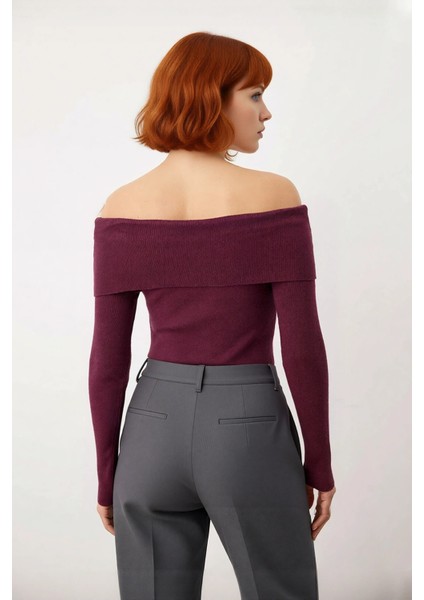 Kadın Premium Iplik Fitted Carmen Yaka Ince Triko Uzun Kol Düz Kazak Ilkbahar Sonbahar Için Modern modelleri
