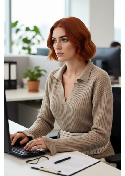 Kadın Günlük Şıklık Sunan Regular Kalıp Apaş Yaka Triko Kazak Volanlı Kol Detayı ile Rahat