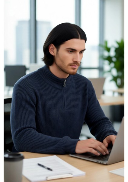 Erkek Basic Regular Fit Fermuarlı Dik Yaka Selanik Örgü Triko Kazak Günlük Stilinize Modern Dokunuş.