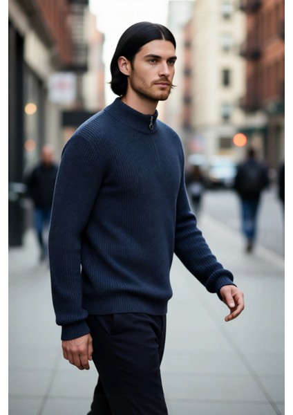 Erkek Basic Regular Fit Fermuarlı Dik Yaka Selanik Örgü Triko Kazak Günlük Stilinize Modern Dokunuş. fırsatları