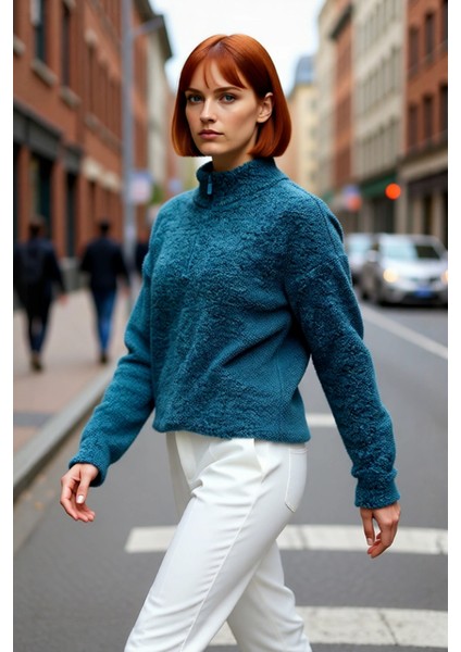 Kadınlara Özel Oversize Dokulu Standart Kol Dik Yaka Fermuarlı Triko Kazak Soğuk Günler Için modelleri