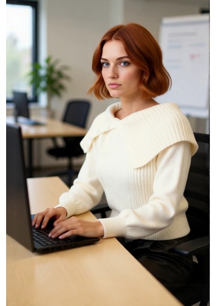 Kadın Ekru Regular Kalıp Devrik Yakalı Akrilik Triko Kazak Kışlık Günlük Şık ve Rahat Giyim fırsatları