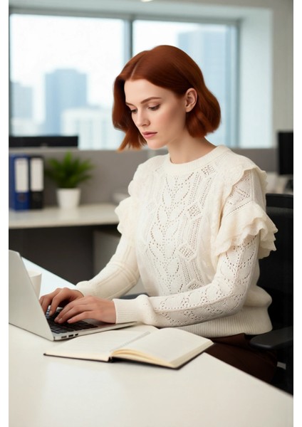 Kadın Regular Kalıp Dantelli Işlemeli Bisiklet Yaka Uzun Kollu Triko Kazak Casual Tarz Kaliteli fırsatları