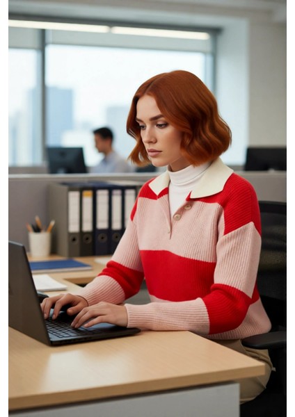 Kadın Polo Yaka Düşük Kol Triko Kazak Renk Bloklu Tasarımıyla Kış Kombinlerinize Modern Dokunuş