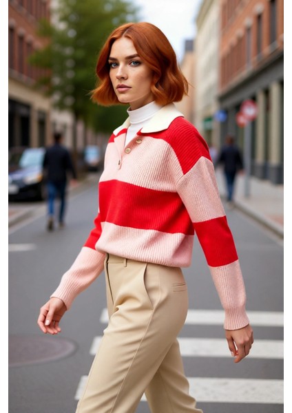 Kadın Polo Yaka Düşük Kol Triko Kazak Renk Bloklu Tasarımıyla Kış Kombinlerinize Modern Dokunuş fırsatları
