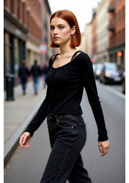 Kadın Ince Triko Hırka Siyah Fitted Kayık Yaka Crop Uzun Kollu Düşük Kol Rahat Şık Modern Basic fırsatları