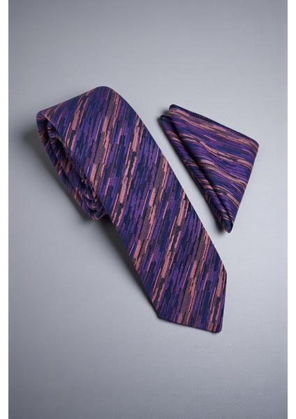 Slim Çizgili Mor Kravat & Mendil
