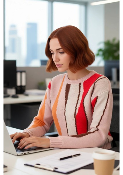 Kadın Bisiklet Yaka Renk Bloklu Triko Kazak Regular Kalıp Kış Için Şık Düşük Kol Tasarım Kaliteli