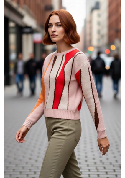 Kadın Bisiklet Yaka Renk Bloklu Triko Kazak Regular Kalıp Kış Için Şık Düşük Kol Tasarım Kaliteli fırsatları