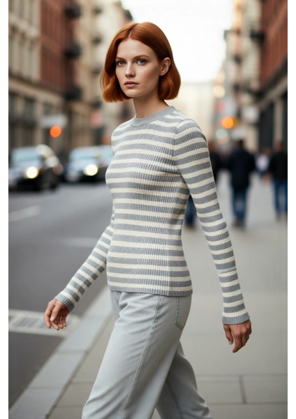 Kadın Casual Çizgili Bisiklet Yaka Fitted Akrilik Uzun Kol Triko Basic Günlük Kazak Kaliteli fırsatları