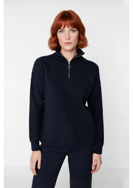 Kadın Oversize Basic Dokulu Uzun Kollu Fermuarlı Dik Yaka Selanik Örgü Triko Kazak Kaliteli