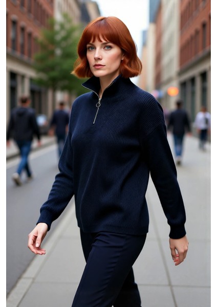 Kadın Oversize Basic Dokulu Uzun Kollu Fermuarlı Dik Yaka Selanik Örgü Triko Kazak Kaliteli modelleri