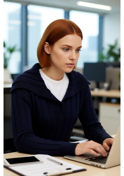 Kadınlara Özel Lacivert Düz Desenli Devrik Yaka Crop Kesim Triko Kazak Günlük Kullanım Için Ideal. fırsatları