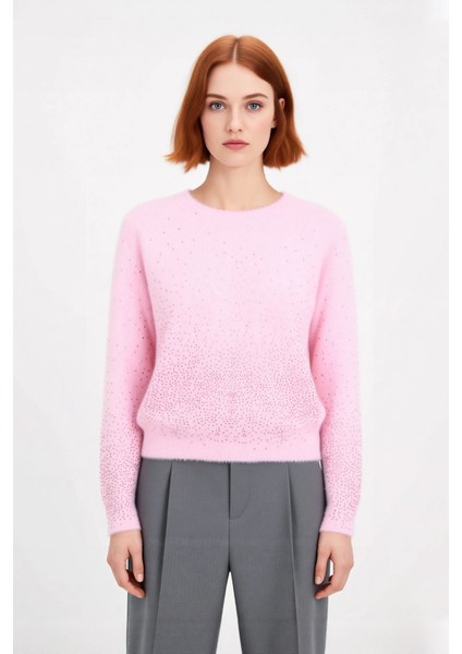 Bayan Pembe Işıltılı Taş Detaylı Yumuşak Triko Kazak Bisiklet Yaka Rahat ve Modern Tasarım