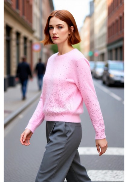 Bayan Pembe Işıltılı Taş Detaylı Yumuşak Triko Kazak Bisiklet Yaka Rahat ve Modern Tasarım modelleri