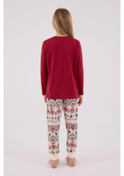3452C Kız Çocuk Kırmızı Uzun Kollu Kış Temalı Pijama Takımı fırsatları