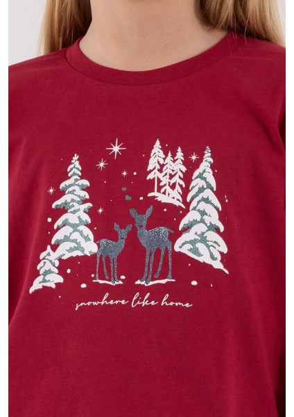 3452C Kız Çocuk Kırmızı Uzun Kollu Kış Temalı Pijama Takımı indirimleri