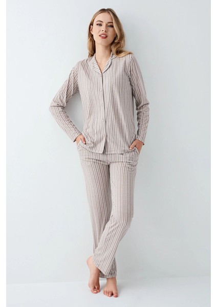 3426 Kadın Beyaz Uzun Kollu Önden Düğmeli Gömlek Pijama Takımı fiyatları