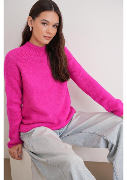 6849 Kadın Dikişsiz Dik Yaka Triko Kazak Fuşya