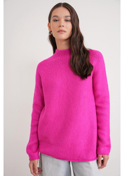 6849 Kadın Dikişsiz Dik Yaka Triko Kazak Fuşya fiyatları