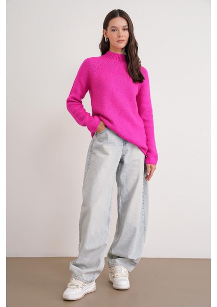 6849 Kadın Dikişsiz Dik Yaka Triko Kazak Fuşya modelleri