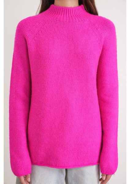6849 Kadın Dikişsiz Dik Yaka Triko Kazak Fuşya fırsatları