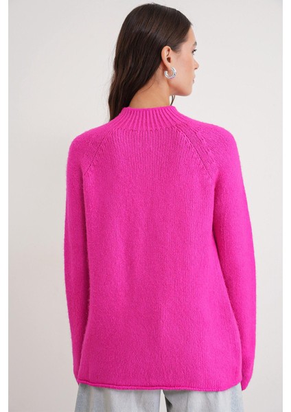 6849 Kadın Dikişsiz Dik Yaka Triko Kazak Fuşya