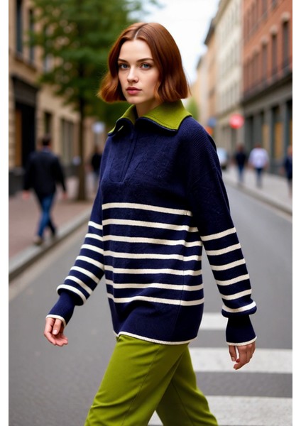 Kadın Geniş Kalıp Çizgili Yarım Fermuarlı Triko Kazak Düşük Kollu Kış Şıklığı Kaliteli Şık modelleri
