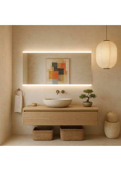 Minimal Çizgi LED Işıklı Dikdörtgen Ayna – Japandi Tarz Modern Duvar & Banyo Aynası