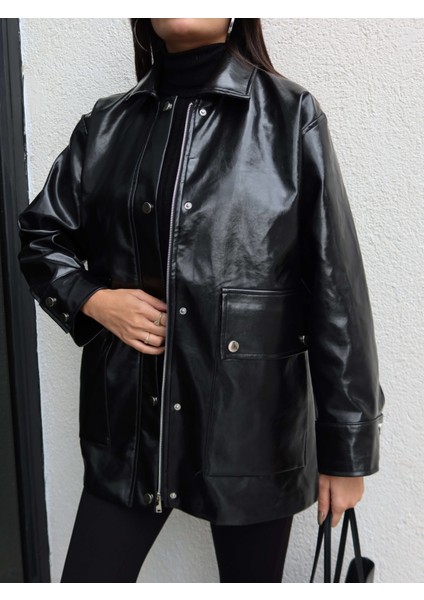 Parlak Çıtçıtlı Deri Ceket modelleri