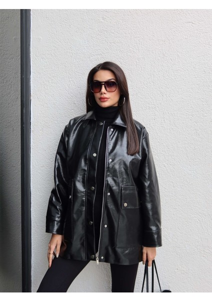 Parlak Çıtçıtlı Deri Ceket fırsatları
