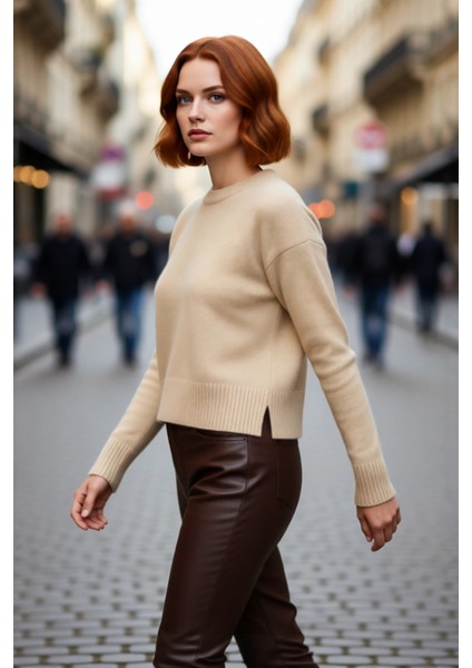 Soğuk Havalar Için Ideal Kadın Oversize Crop Düşük Kol Bisiklet Yaka Triko Kazak Modeli Kaliteli fırsatları