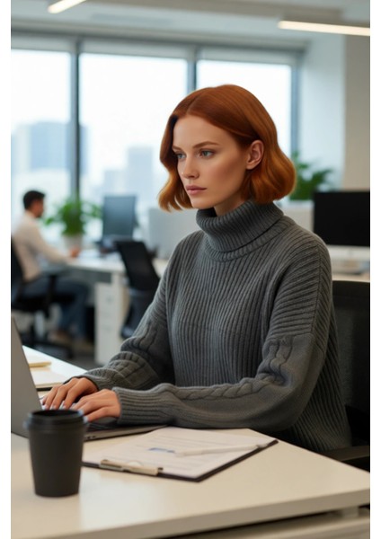 Kadın Oversize Balıkçı Yaka Triko Kazak Günlük Kullanım Için Şık Düşük Kol Saç Örgülü Basic