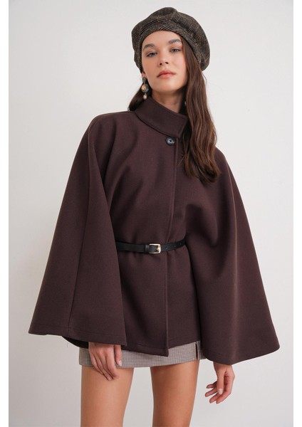 4768 Kadın Kemerli Panço Premium Kaşe Ceket Kahve