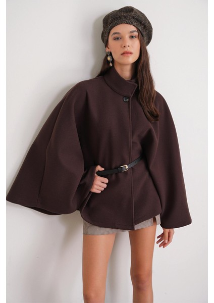 4768 Kadın Kemerli Panço Premium Kaşe Ceket Kahve modelleri