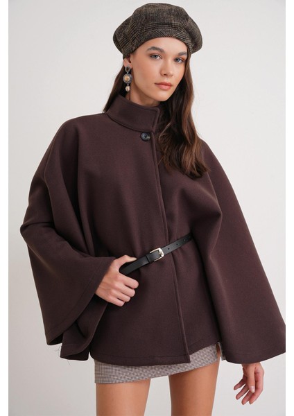 4768 Kadın Kemerli Panço Premium Kaşe Ceket Kahve fırsatları