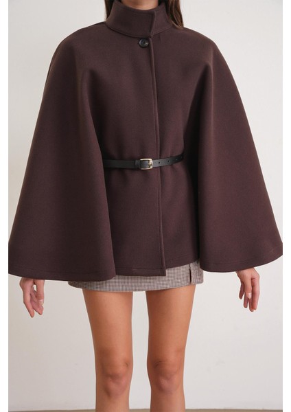 4768 Kadın Kemerli Panço Premium Kaşe Ceket Kahve indirimleri